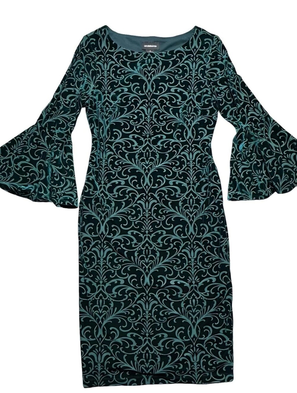 Liz Claiborne Teal Damask Burnout Velvet Bell-Sleeve Sheath Dress - Size 16